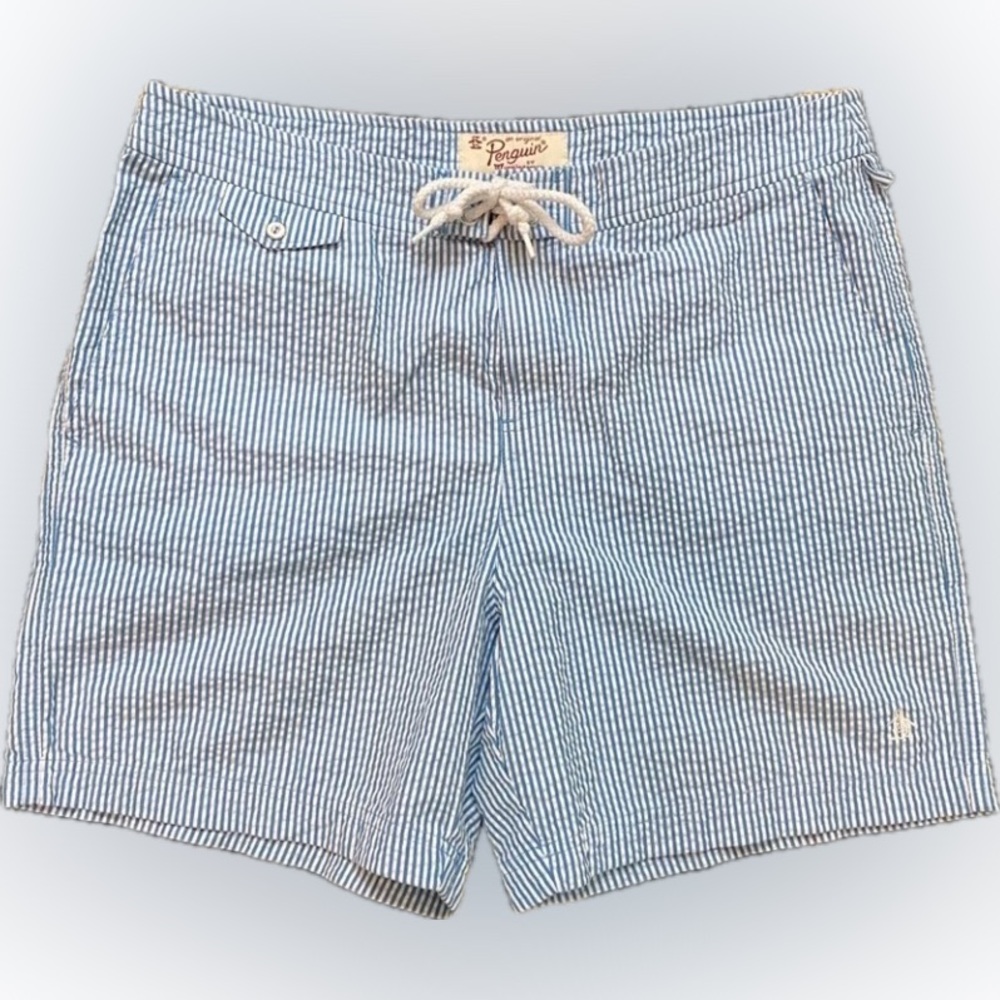 Original Penguin Blue and White Seersucker Striped Men Swim Shorts